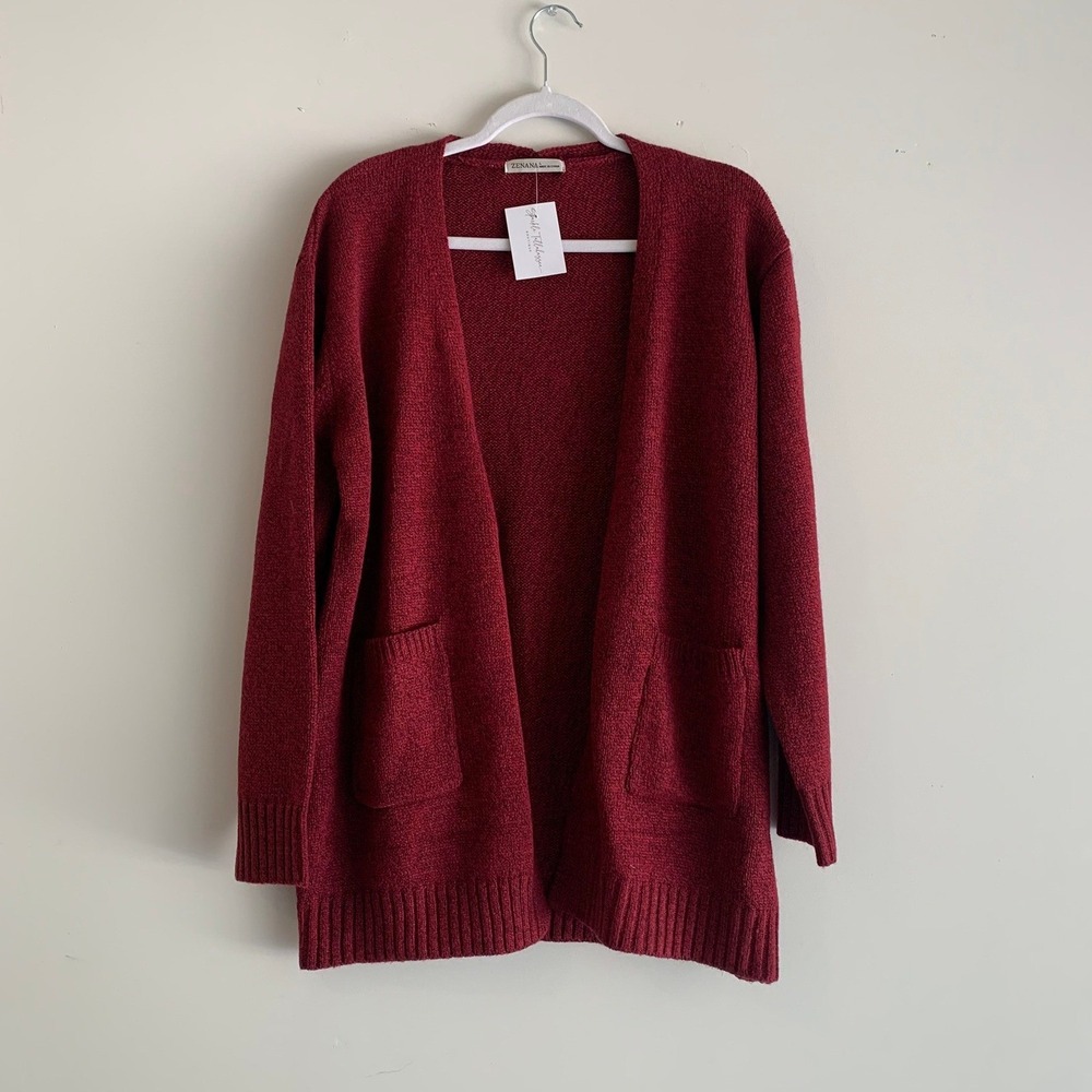 Zenana Women Cabernet Red Open Front Cardigan Sweater‎ Pockets L